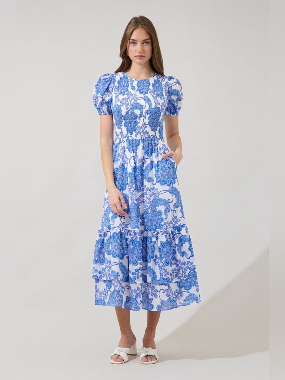 Blue White Floral Puff Sleeve Smocked Midi Dress Pockets Cotton Cottagecore NEW - Picture 2 of 4